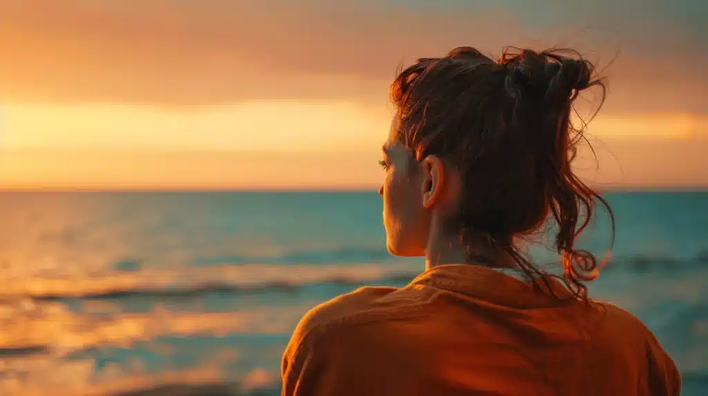 Femme contemplant un coucher de soleil au bord de la mer, symbolisant la force intérieure et le lâcher-prise de Fabienne Vaillant