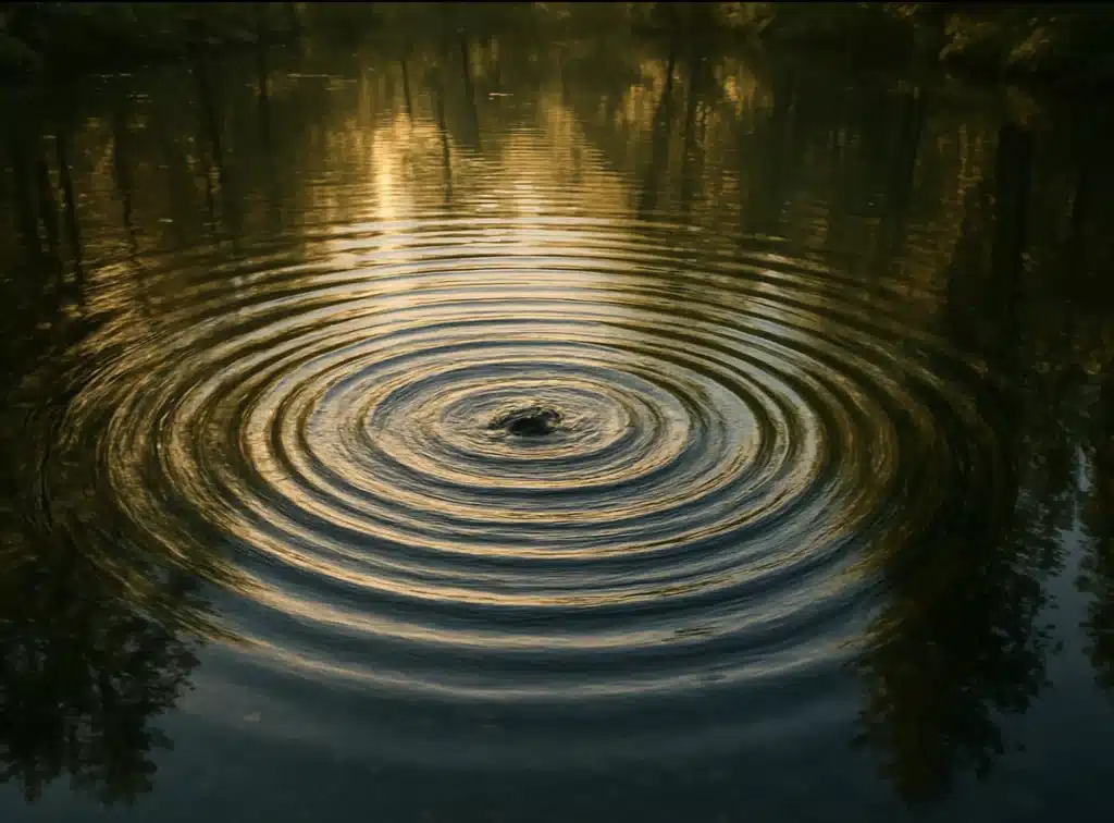 Ondes circulaires sur l’eau au coucher du soleil – symbole visuel du leadership en transition et de l’impact du coaching holistique