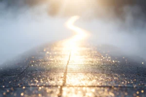 Chemin lumineux symbolisant une reconversion professionnelle après 45 ans et un nouveau départ