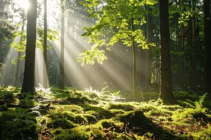 Forêt éclairée par des rayons de soleil symbolisant une reconversion professionnelle et la recherche de sens au travail