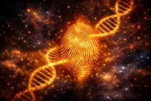 Illustration d'une empreinte digitale dorée entrelacée avec une hélice d'ADN sur fond cosmique, symbole des talents uniques inscrits en chaque individu